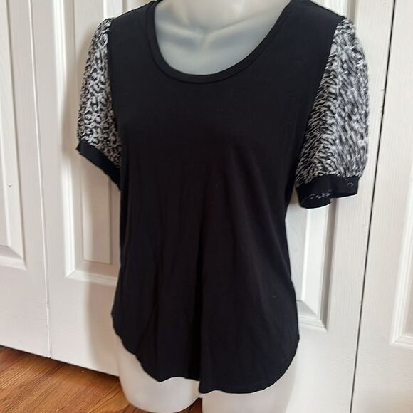 DKNY Puff Sleeve Black Leopard Animal Mixed Media Blouse Top Shirt Medium M - Picture 5 of 5